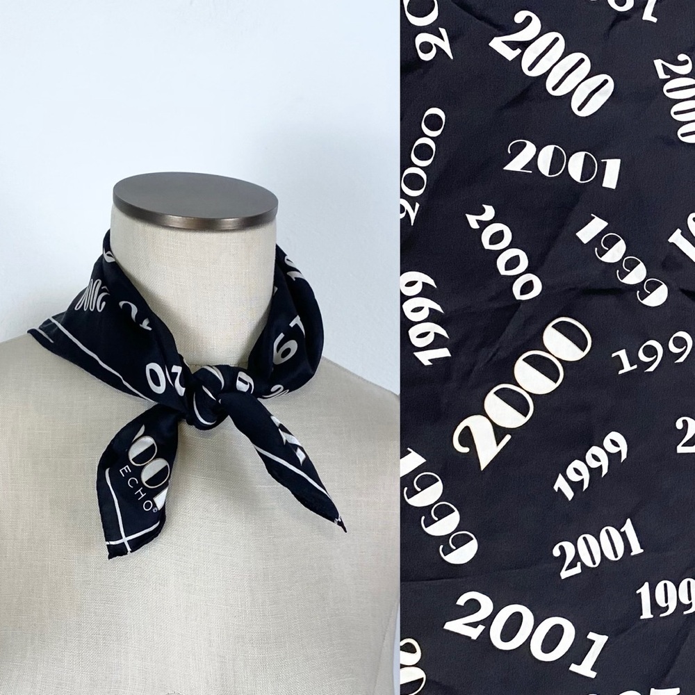 Vtg Echo 1999 2000 2001 Y2K Design Silk‎ Scarf 21" x 21 1/2" Square Black White*